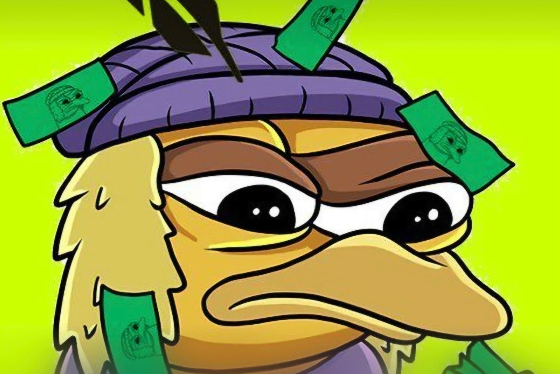 BirdDog cartoon character in a purple beanie with money flying around