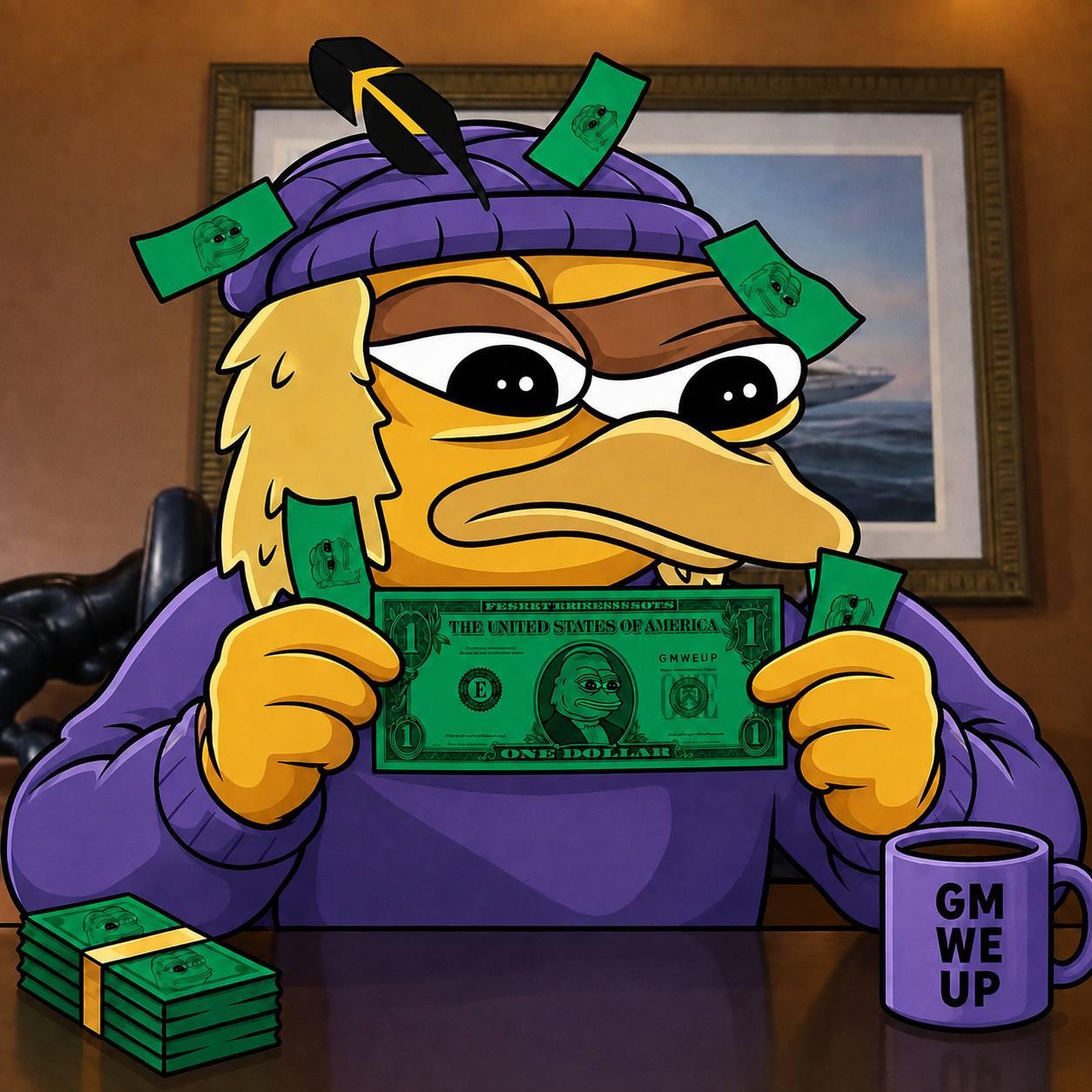 BirdDog holding a dollar bill at his desk