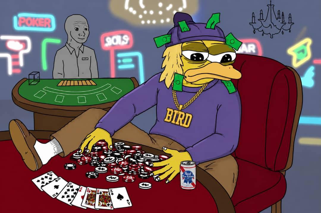 BirdDog playing poker in a neon casino